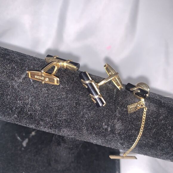 Men’s Set Of Black Bars Thin Design Quality Vintage EMMONS Cuff Links And Pin. - Picture 4 of 8